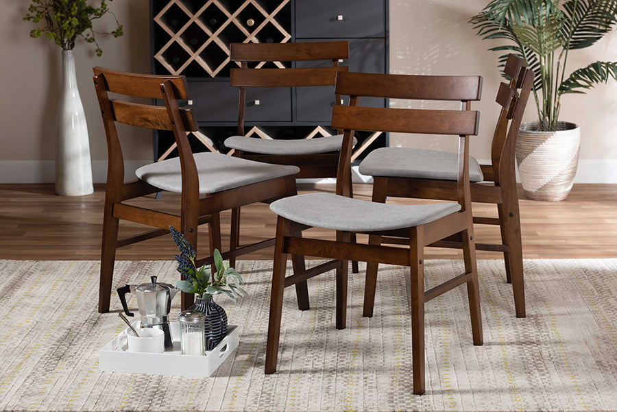 Devlin Mid-Century Modern Transitional Light Grey Fabric Upholstered and Walnut Brown Finished Wood 4-Piece Dining Chair Set
