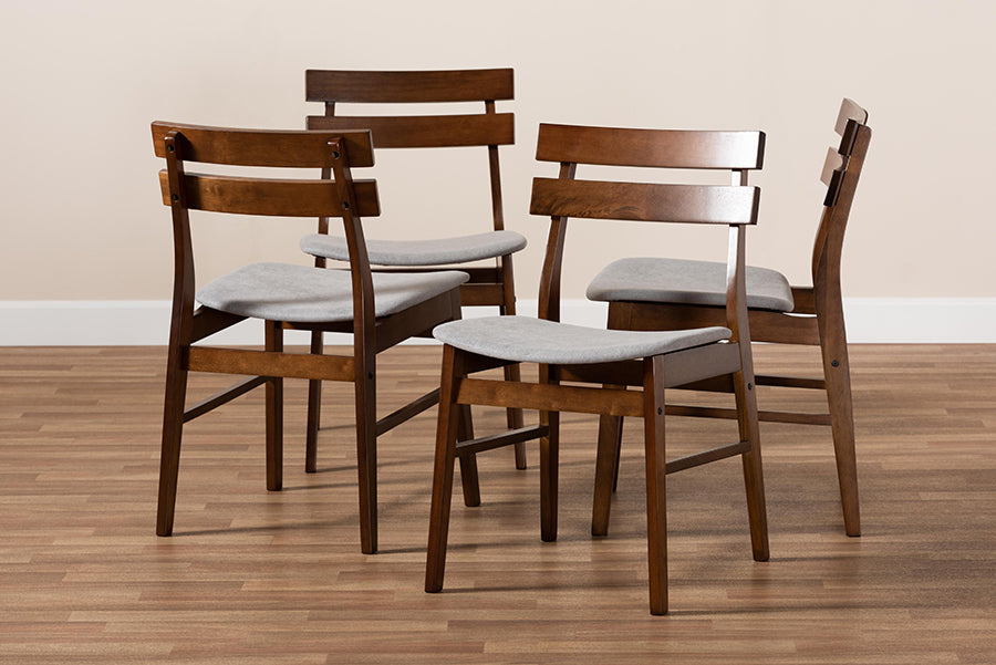 Devlin Mid-Century Modern Transitional Light Grey Fabric Upholstered and Walnut Brown Finished Wood 4-Piece Dining Chair Set
