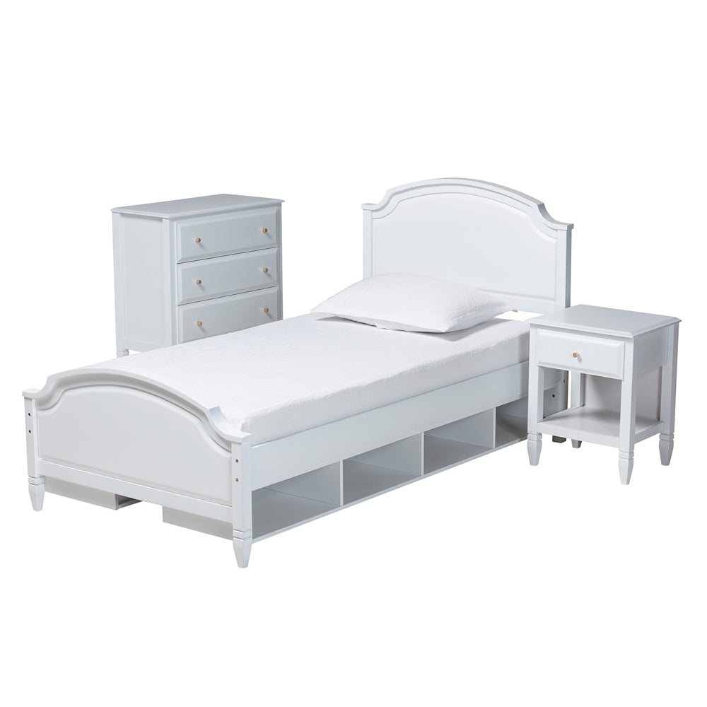Aroura Twin White Rubberwood 3-Piece Bedroom Set – Classic Storage Bed with Chest & Nightstand
