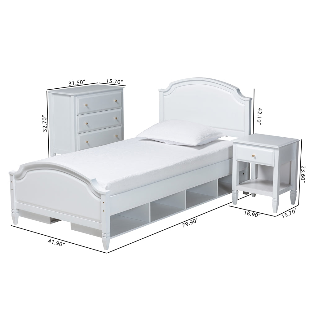 Aroura Twin White Rubberwood 3-Piece Bedroom Set – Classic Storage Bed with Chest & Nightstand
