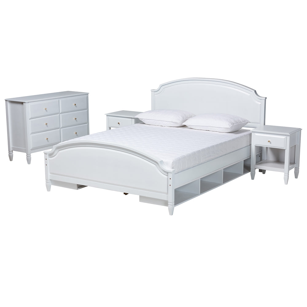 Crispis Full Size Rubberwood Platform Bed Set – Classic White 4-Piece with Storage Shelves