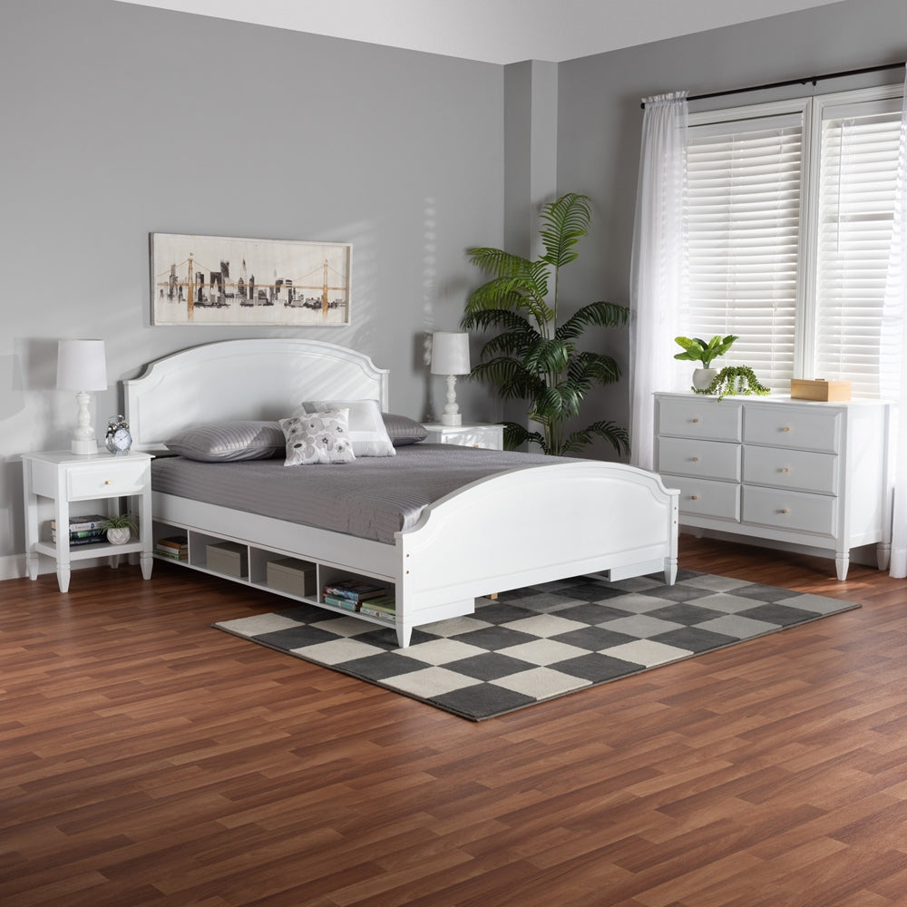 Crispis Full Size Rubberwood Platform Bed Set – Classic White 4-Piece with Storage Shelves
