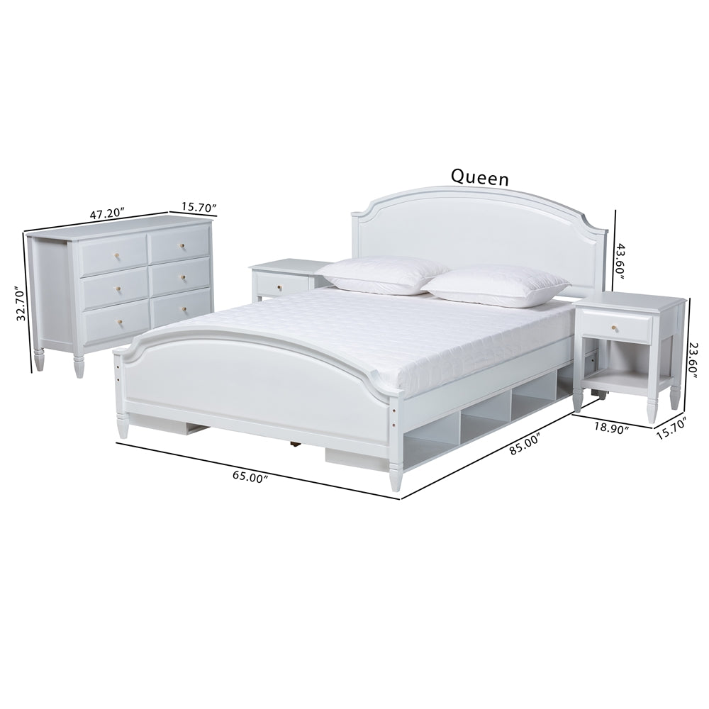 Santori Queen White Finished Wood Platform Bedroom Set – Transitional 4-Piece with Built-in Storage