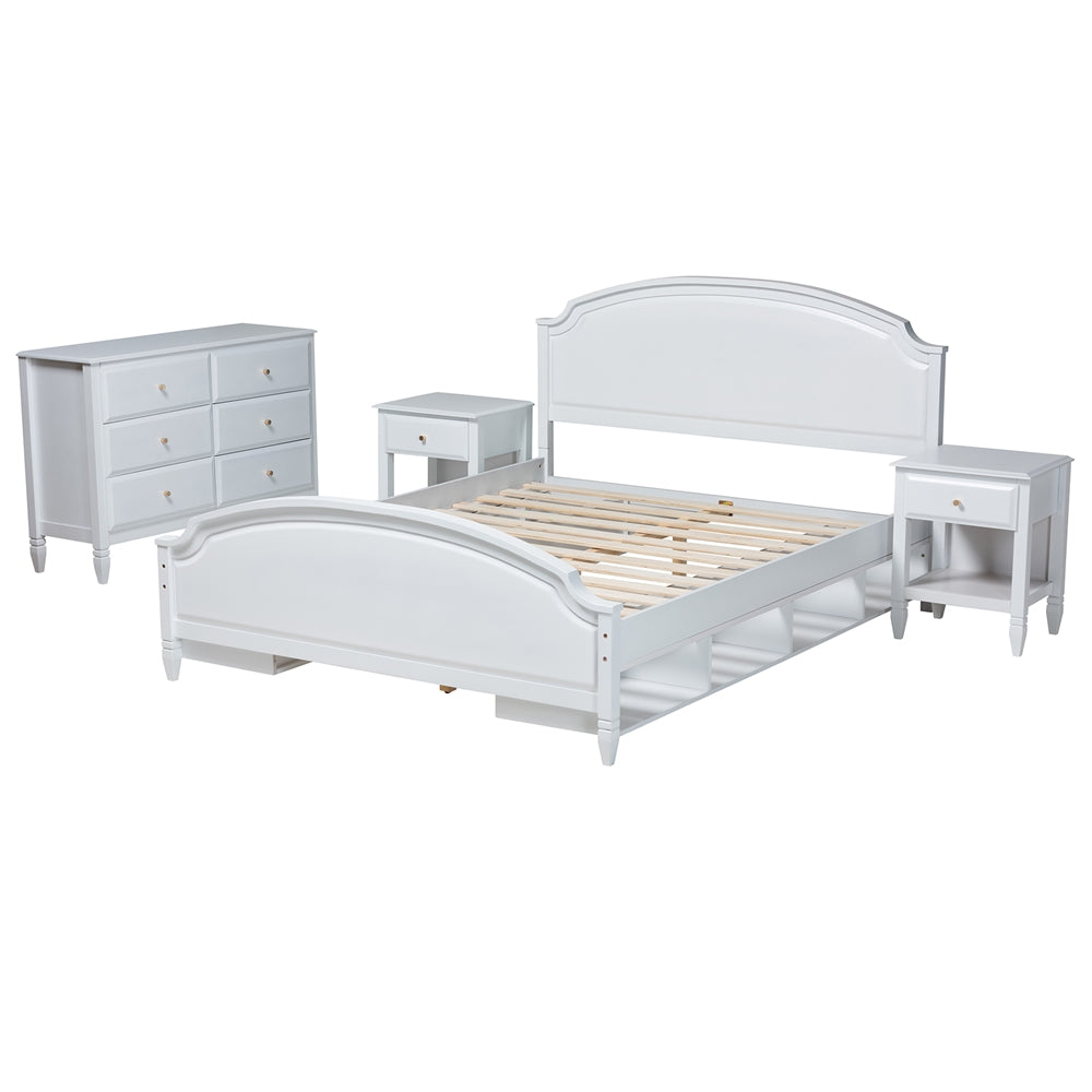 Crispis Full Size Rubberwood Platform Bed Set – Classic White 4-Piece with Storage Shelves