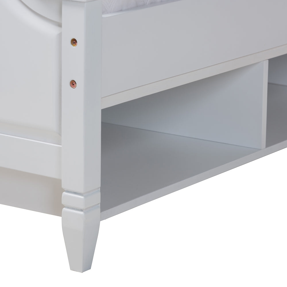 Crispis Full Size Rubberwood Platform Bed Set – Classic White 4-Piece with Storage Shelves