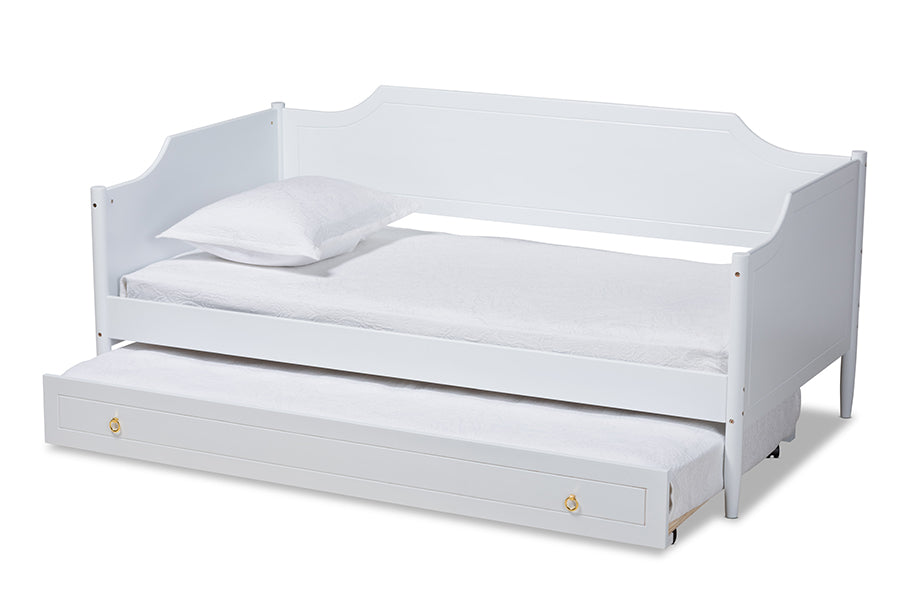 Alya Classic White Finished Wood Twin Size Daybed With Roll-Out Trundle Bed