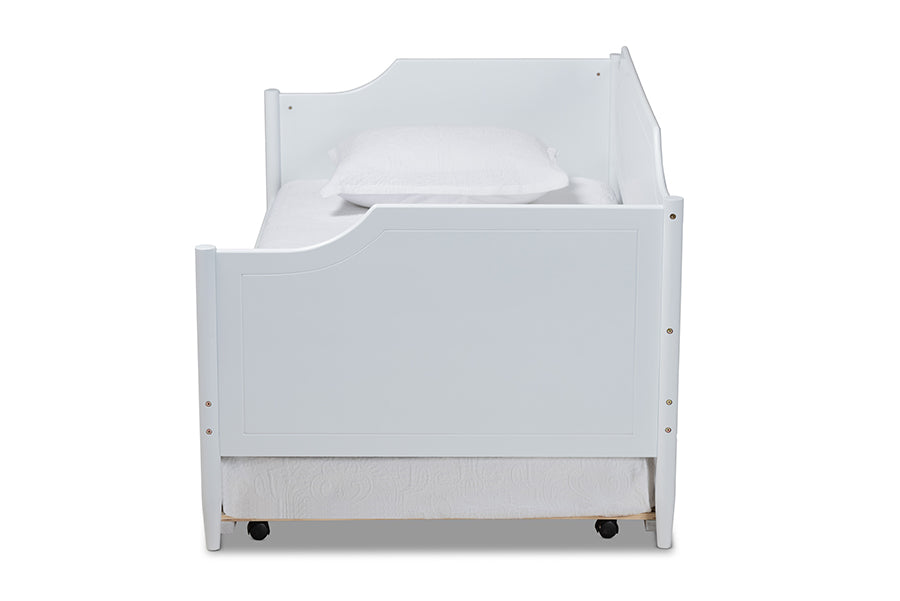Alya Classic White Finished Wood Twin Size Daybed With Roll-Out Trundle Bed