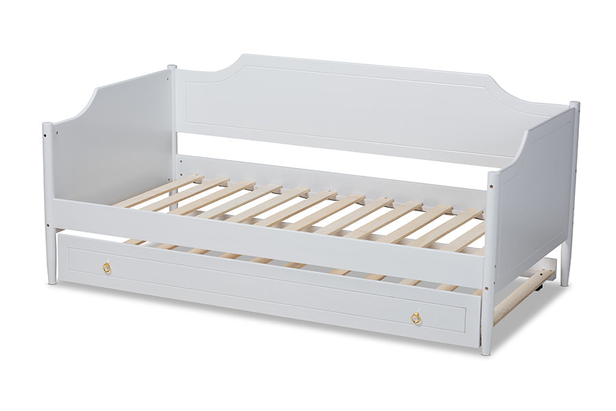 Alya Classic White Finished Wood Twin Size Daybed With Roll-Out Trundle Bed