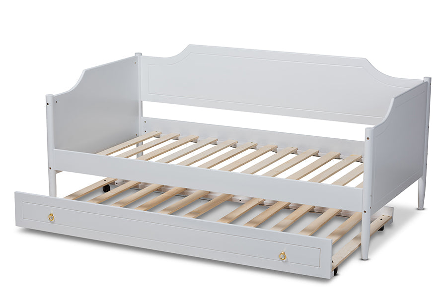 Alya Classic White Finished Wood Twin Size Daybed With Roll-Out Trundle Bed