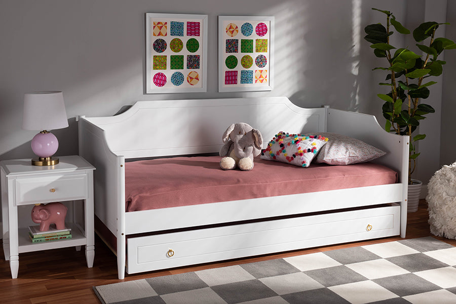 Alya Classic White Finished Wood Twin Size Daybed With Roll-Out Trundle Bed