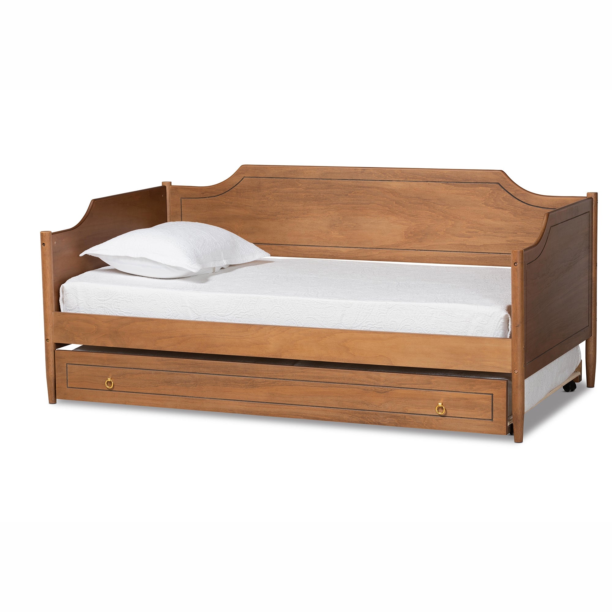 Alya Classic Traditional Farmhouse Walnut Brown Finished Wood Twin Size Daybed with Roll-Out Trundle Bed