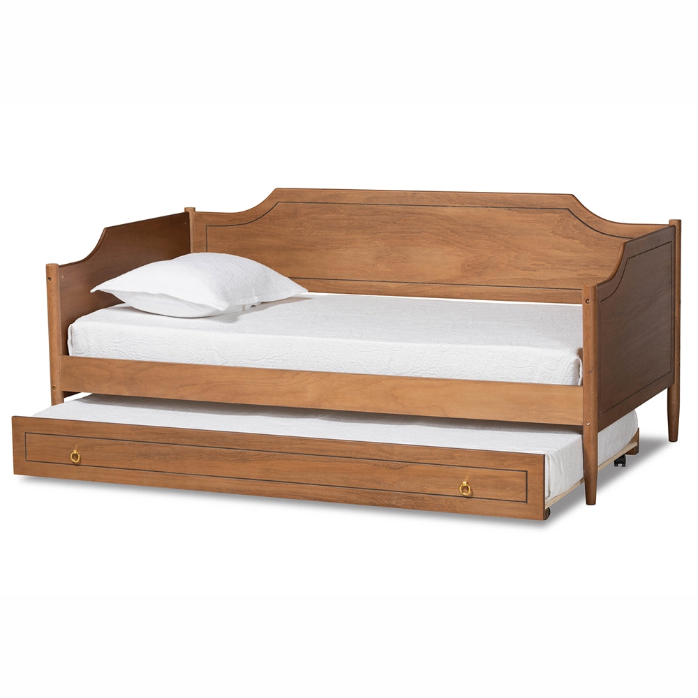 Alya Classic Traditional Farmhouse Walnut Brown Finished Wood Twin Size Daybed with Roll-Out Trundle Bed