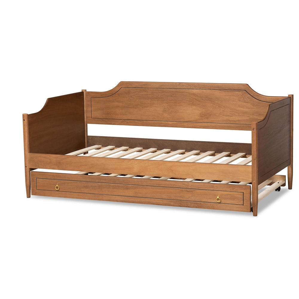 Alya Classic Traditional Farmhouse Walnut Brown Finished Wood Twin Size Daybed with Roll-Out Trundle Bed