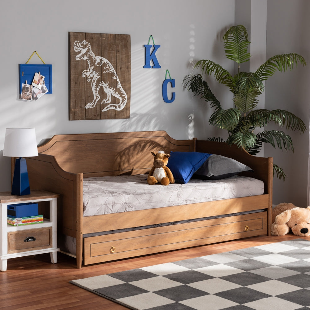 Alya Classic Traditional Farmhouse Walnut Brown Finished Wood Twin Size Daybed with Roll-Out Trundle Bed