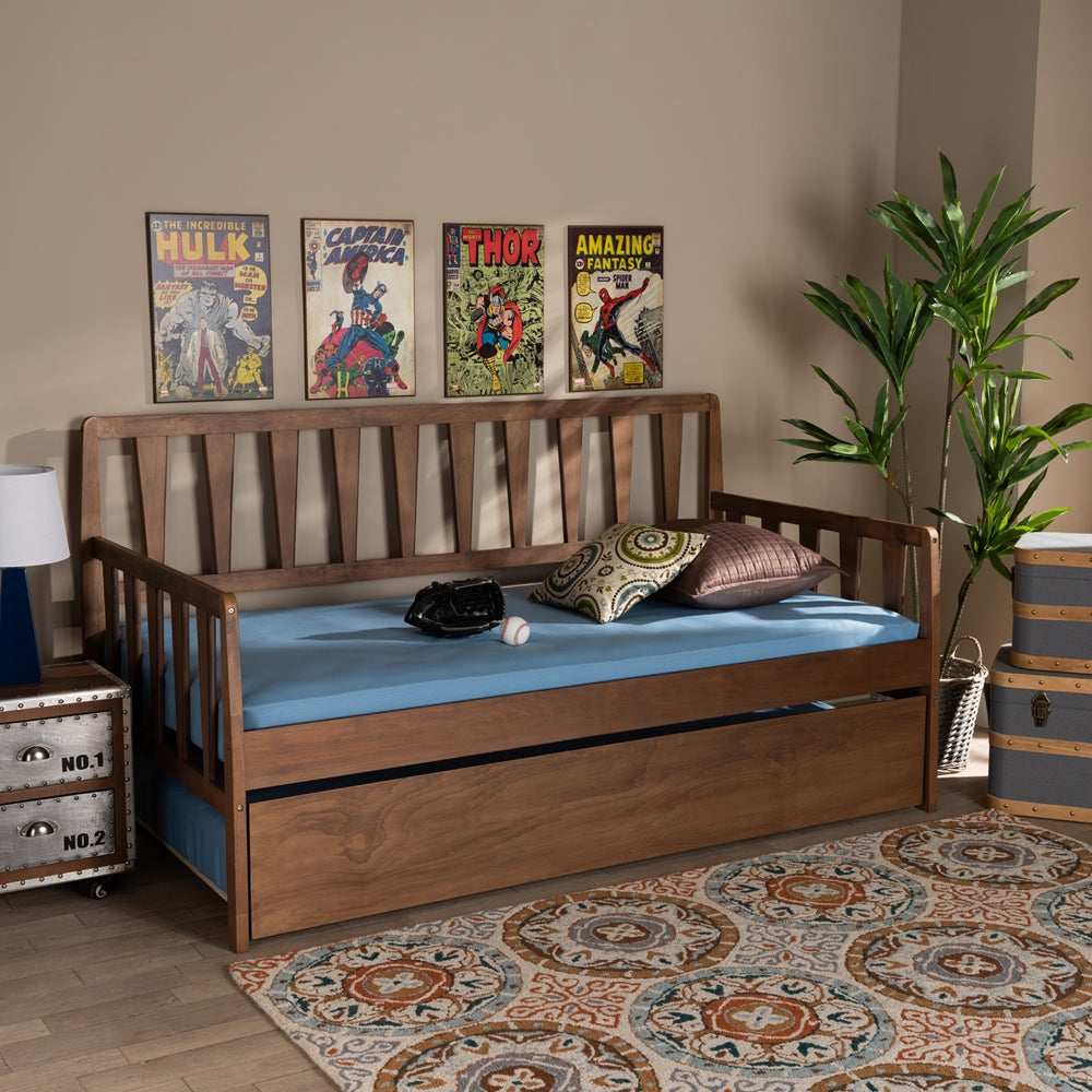 Midori Daybed Transitional Walnut Wood Twin with Roll-Out Trundle