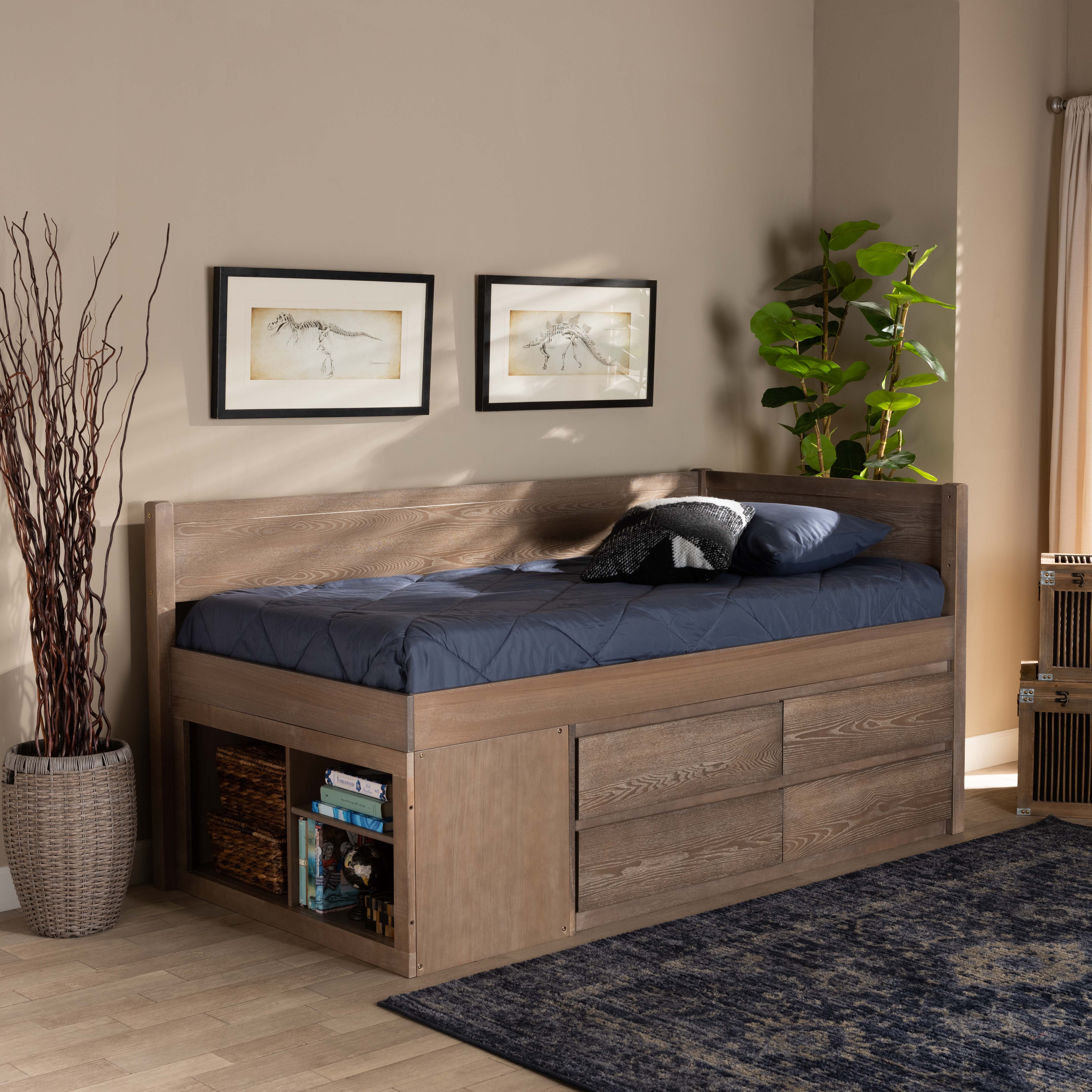 Levon Antique Oak Finished Wood 4-Drawer Twin Size Storage Bed
