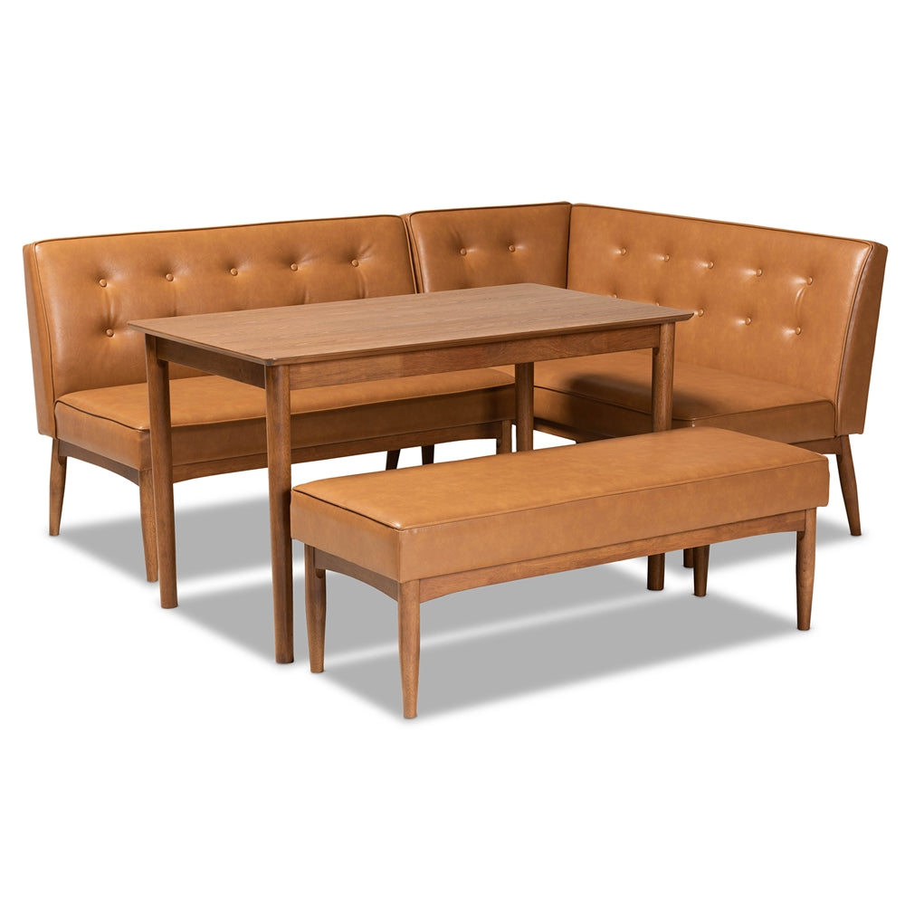Arvid Mid-Century Modern Tan Faux Leather Upholstered and Walnut Brown Finished Wood 4-Piece Dining Nook Set
