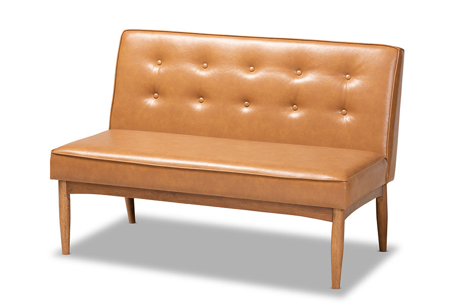 Arvid Mid-Century Modern Tan Faux Leather Upholstered and Walnut Brown Finished 2-Piece Wood Dining Nook Banquette Set