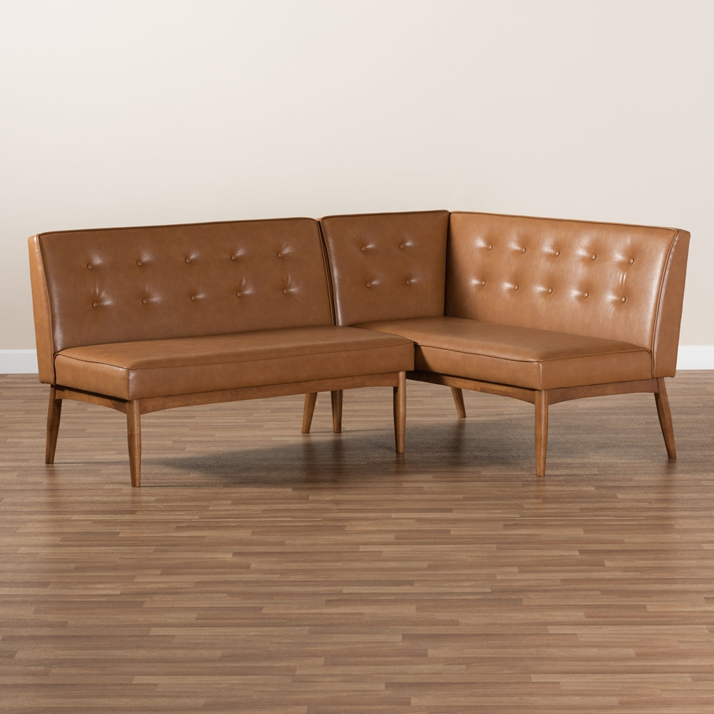 Arvid Mid-Century Modern Tan Faux Leather Upholstered and Walnut Brown Finished 2-Piece Wood Dining Nook Banquette Set