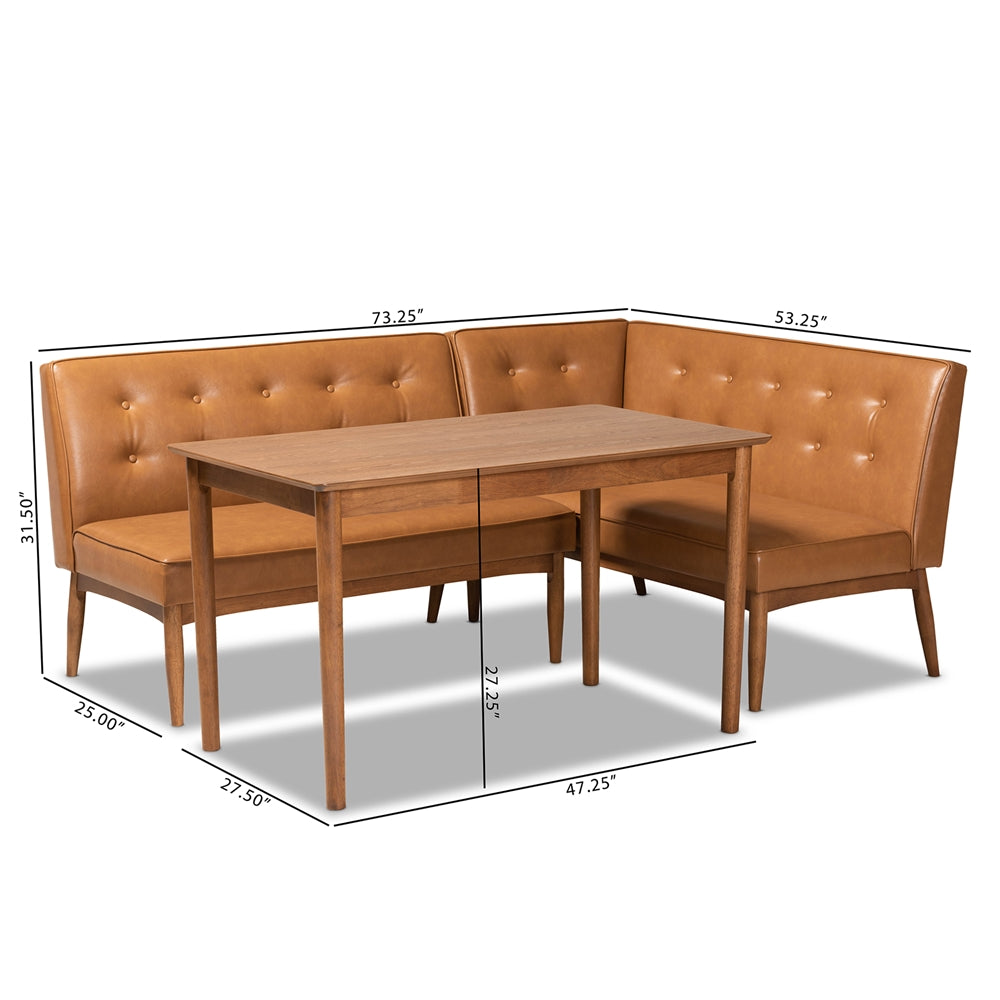 Arvid Mid-Century Modern Tan Faux Leather Upholstered and Walnut Brown Finished Wood 3-Piece Dining Nook Set