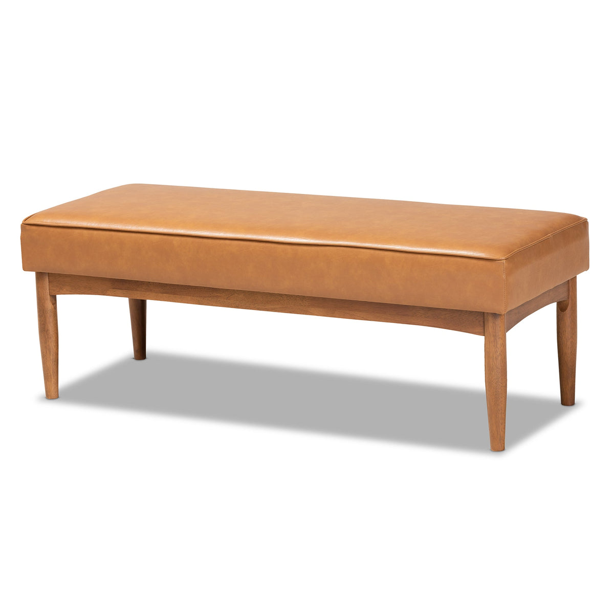 Arvid Mid-Century Modern Tan Faux Leather Upholstered and Walnut Brown Finished Wood Dining Bench