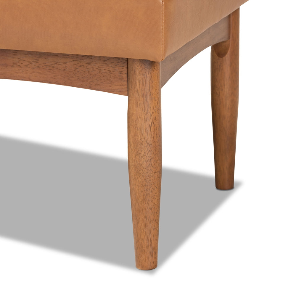 Arvid Mid-Century Modern Tan Faux Leather Upholstered and Walnut Brown Finished Wood Dining Bench