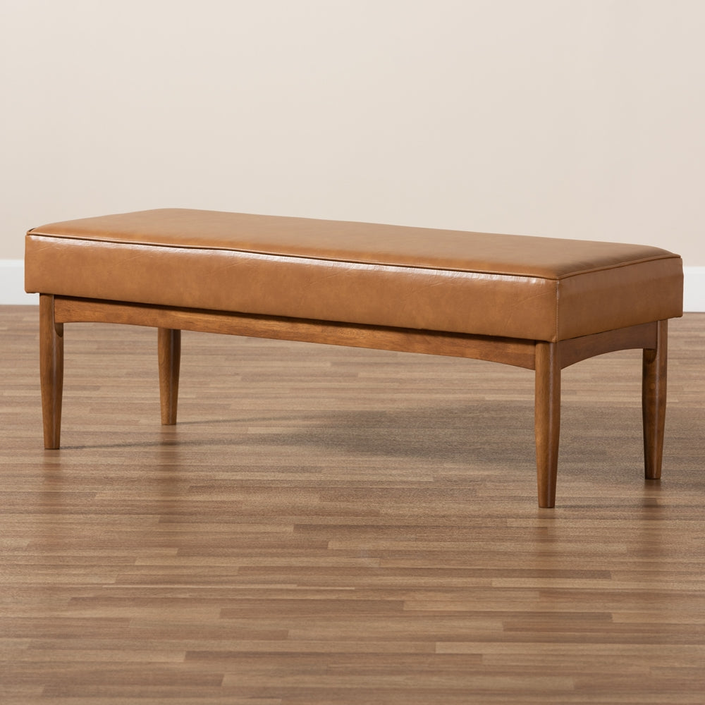Arvid Mid-Century Modern Tan Faux Leather Upholstered and Walnut Brown Finished Wood Dining Bench