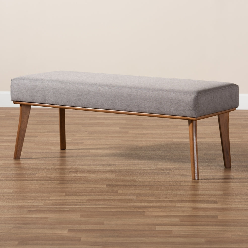 Odessa Mid-Century Modern Grey Fabric Upholstered and Walnut Brown Finished Wood Dining Bench