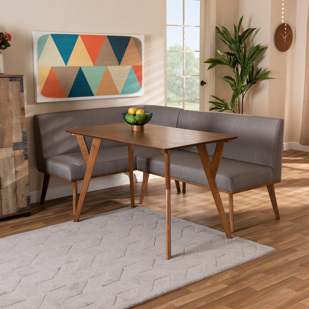 Odessa Mid-Century Modern Grey Fabric Upholstered and Walnut Brown Finished Wood 3-Piece Dining Nook Set