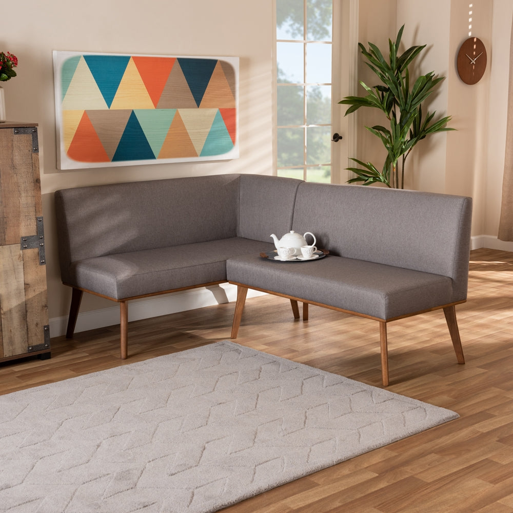 Odessa Mid-Century Modern Grey Fabric Upholstered and Walnut Brown Finished 2-Piece Wood Dining Nook Banquette Set