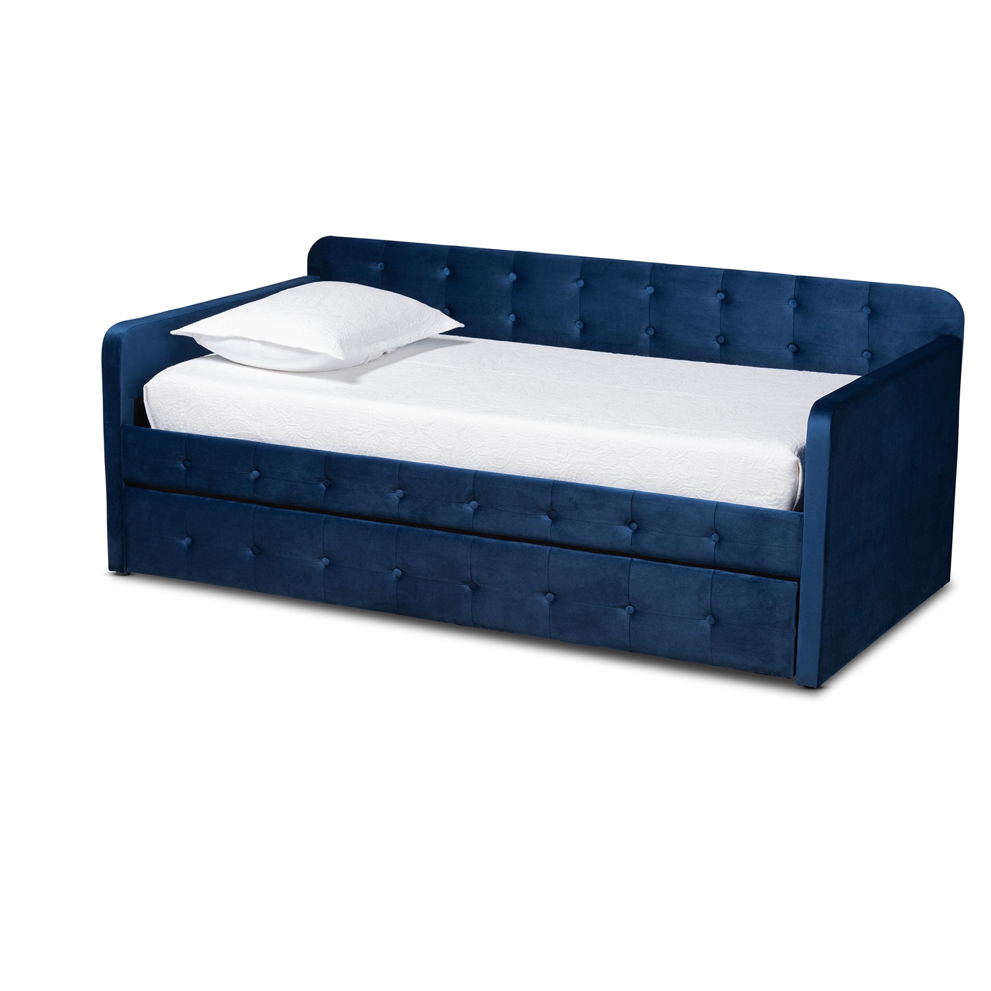 Jona Modern and Contemporary Transitional Navy Blue Velvet Fabric Upholstered and Button Tufted Twin Size Daybed with Trundle