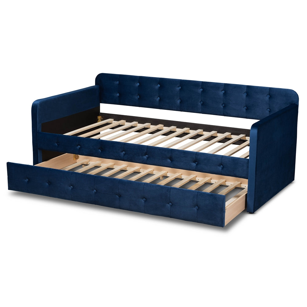 Jona Modern and Contemporary Transitional Navy Blue Velvet Fabric Upholstered and Button Tufted Twin Size Daybed with Trundle
