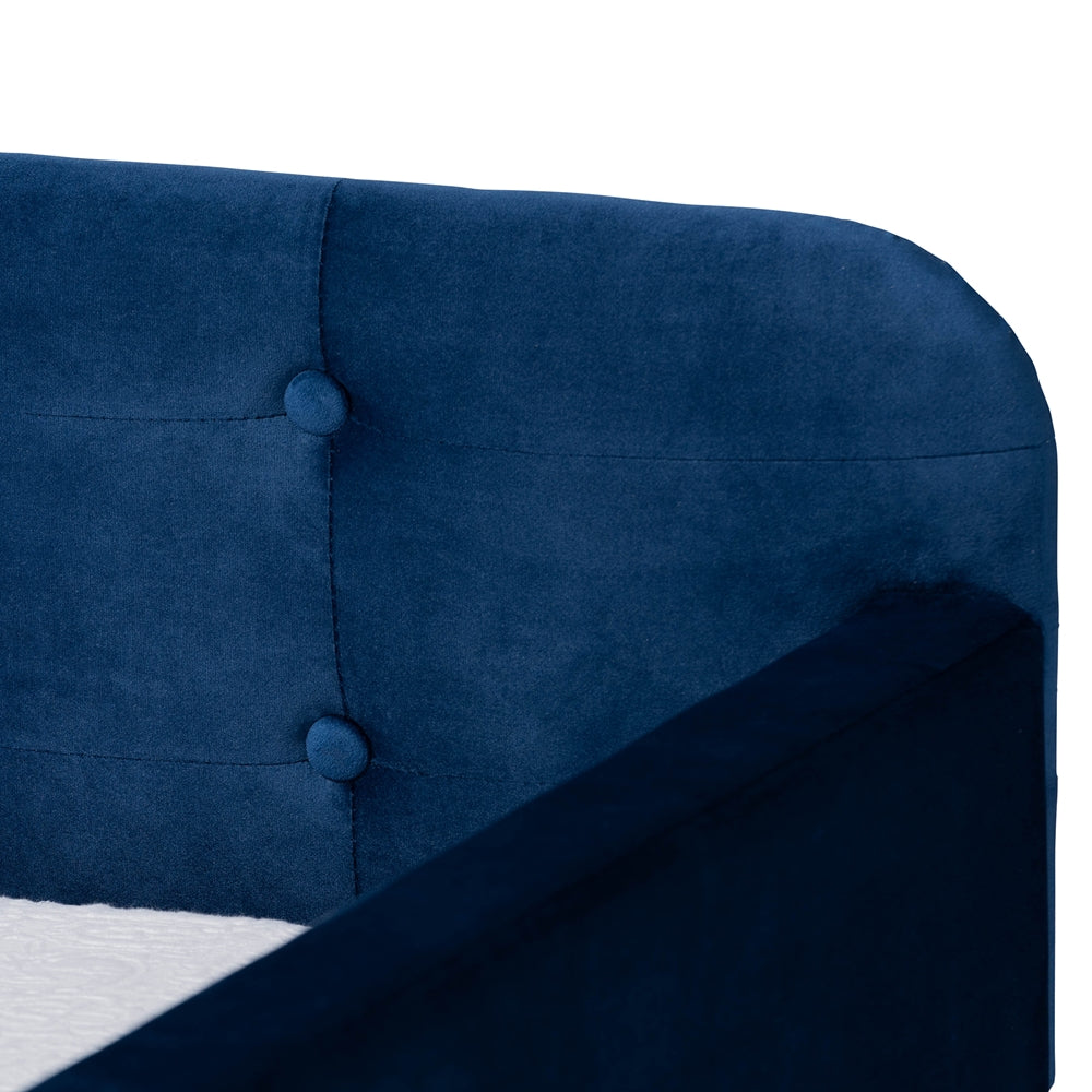 Jona Modern and Contemporary Transitional Navy Blue Velvet Fabric Upholstered and Button Tufted Twin Size Daybed with Trundle