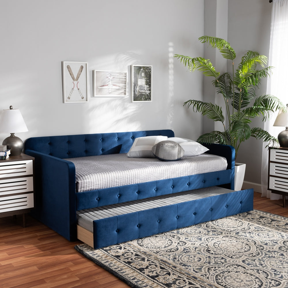 Jona Modern and Contemporary Transitional Navy Blue Velvet Fabric Upholstered and Button Tufted Twin Size Daybed with Trundle