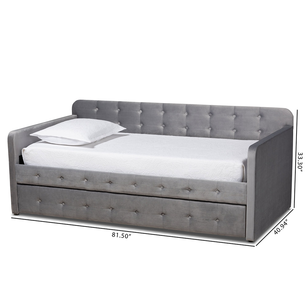 Jona Twin Daybed Modern Grey Velvet Button-Tufted with Trundle