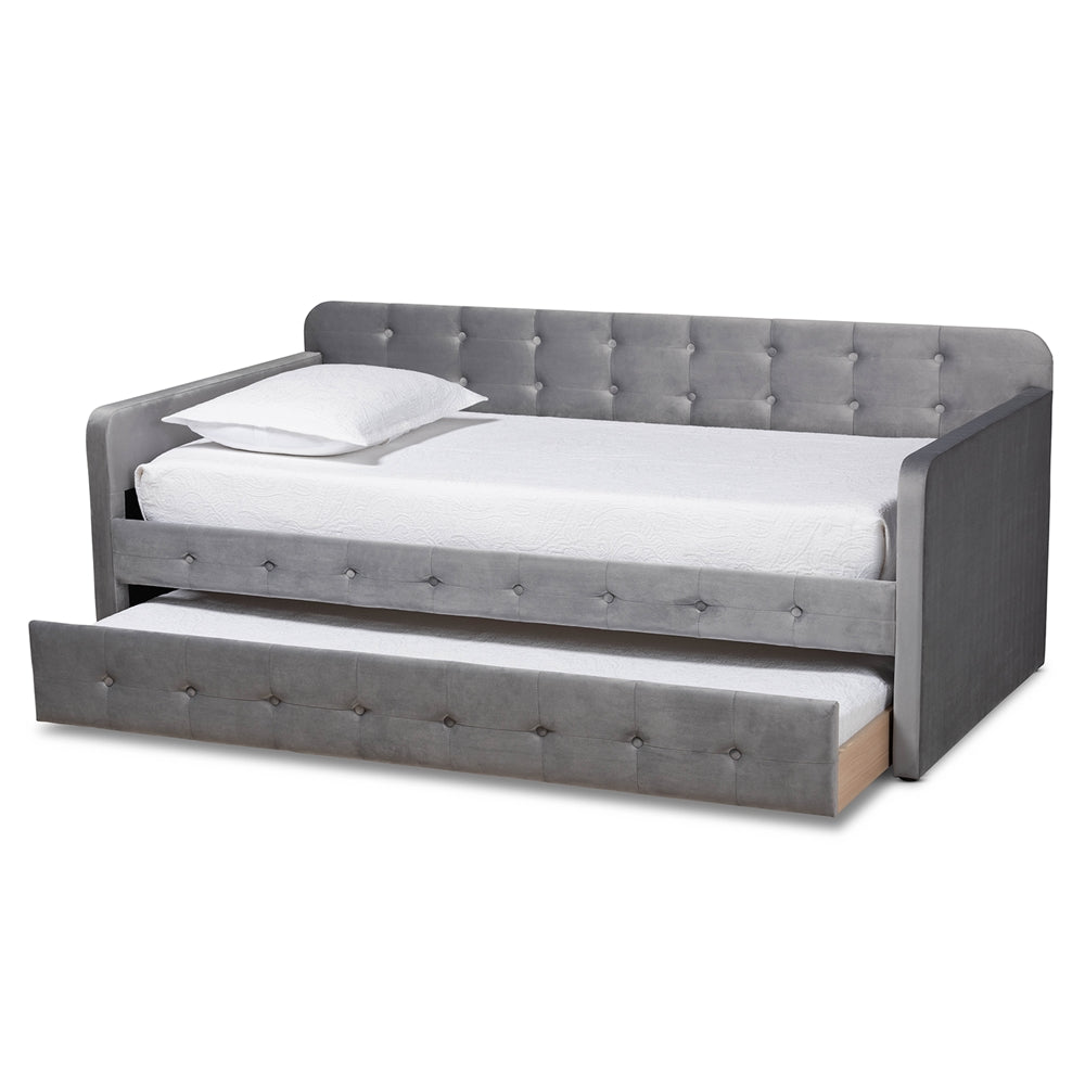 Jona Twin Daybed Modern Grey Velvet Button-Tufted with Trundle