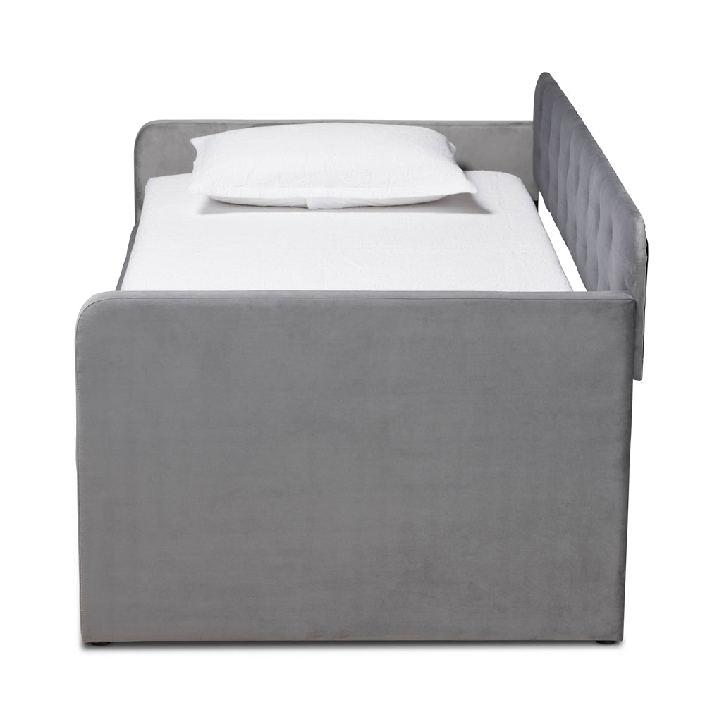 Jona Twin Daybed Modern Grey Velvet Button-Tufted with Trundle