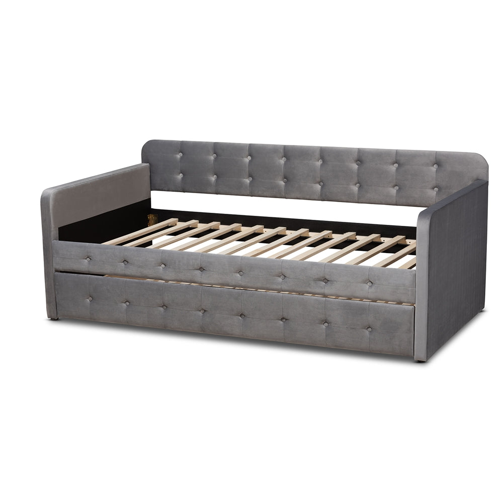 Jona Twin Daybed Modern Grey Velvet Button-Tufted with Trundle
