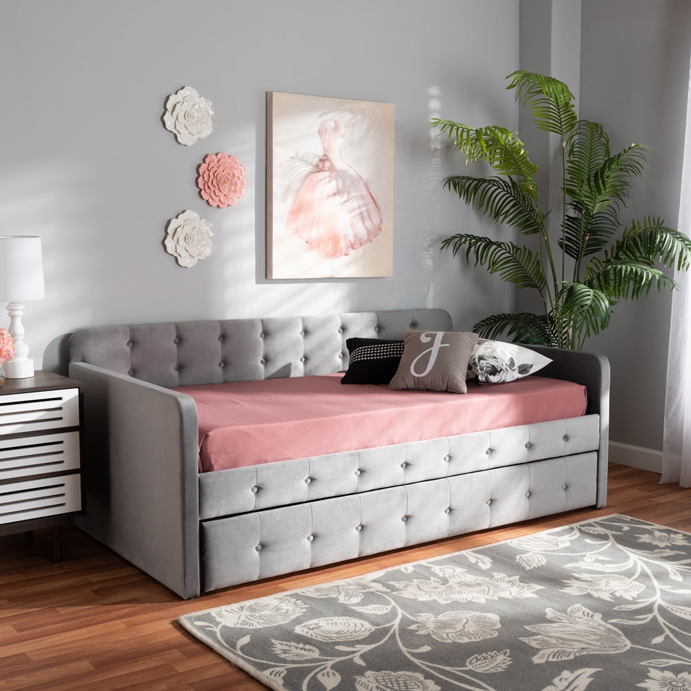 Jona Twin Daybed Modern Grey Velvet Button-Tufted with Trundle