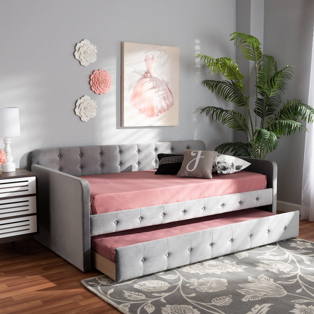 Jona Twin Daybed Modern Grey Velvet Button-Tufted with Trundle