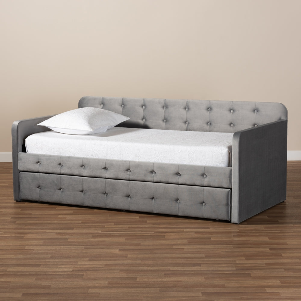 Jona Twin Daybed Modern Grey Velvet Button-Tufted with Trundle