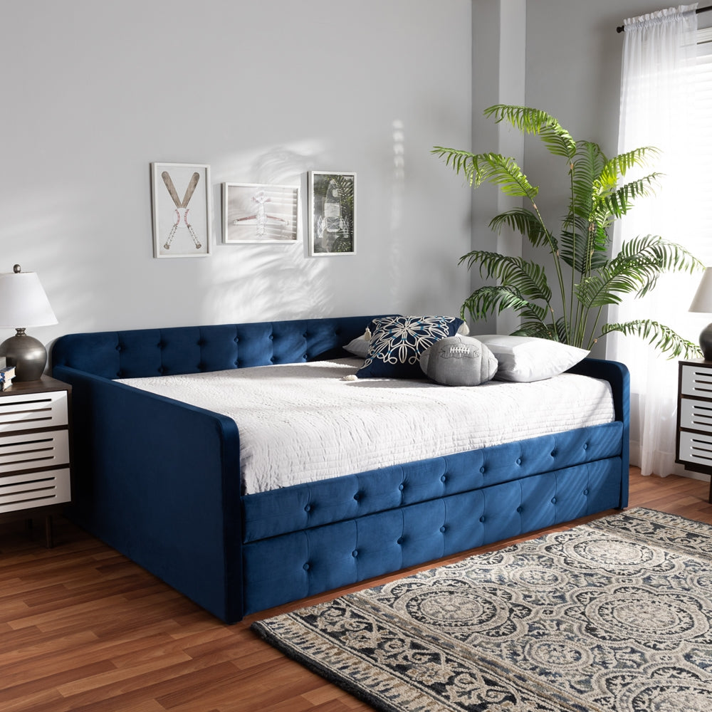 Jona Queen Daybed Navy Blue Velvet Tufted with Trundle