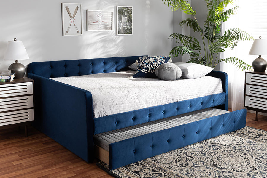 Jona Modern and Contemporary Transitional Navy Blue Velvet Fabric Upholstered and Button Tufted Full Size Daybed with Trundle