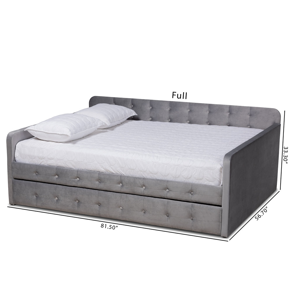 Jona Grey Velvet Fabric and Button Tufted Full Size Daybed with Trundle