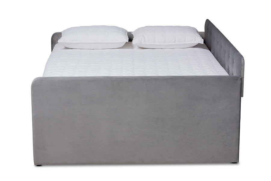 Jona Modern and Contemporary Transitional Grey Velvet Fabric Upholstered and Button Tufted Queen Size Daybed with Trundle