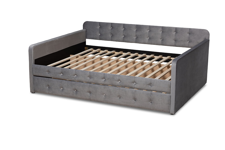 Jona Modern and Contemporary Transitional Grey Velvet Fabric Upholstered and Button Tufted Queen Size Daybed with Trundle
