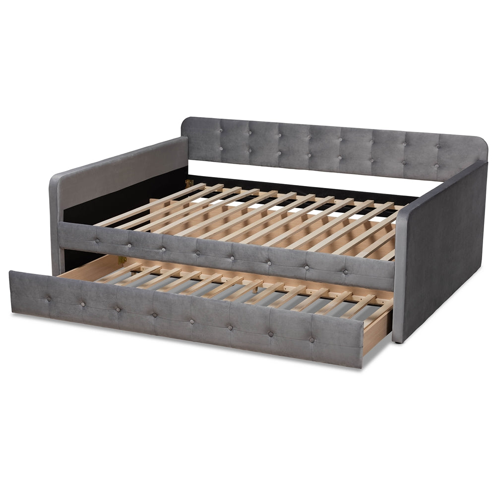 Jona Grey Velvet Fabric and Button Tufted Full Size Daybed with Trundle