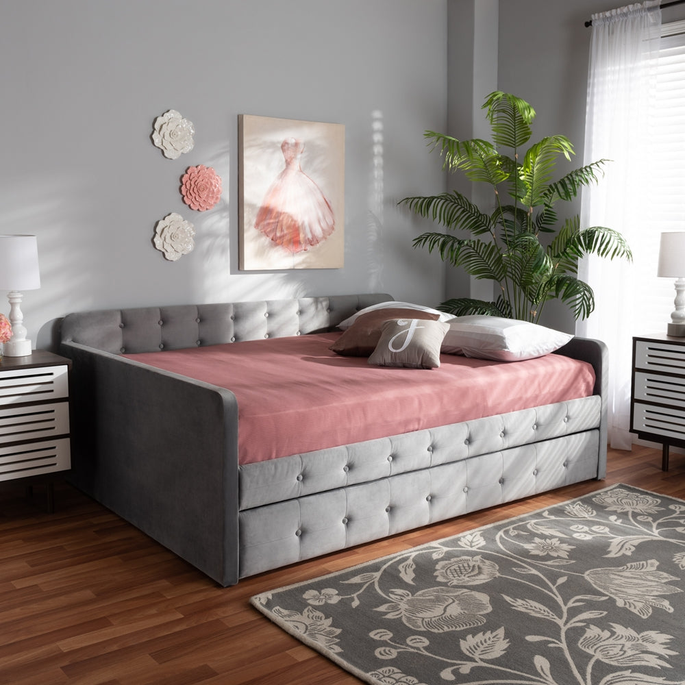 Jona Grey Velvet Fabric and Button Tufted Full Size Daybed with Trundle