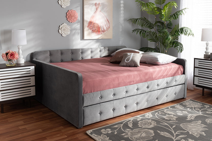 Jona Modern and Contemporary Transitional Grey Velvet Fabric Upholstered and Button Tufted Queen Size Daybed with Trundle