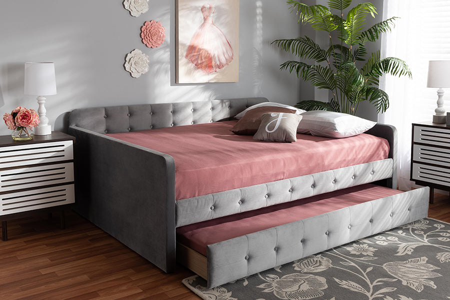 Jona Modern and Contemporary Transitional Grey Velvet Fabric Upholstered and Button Tufted Queen Size Daybed with Trundle